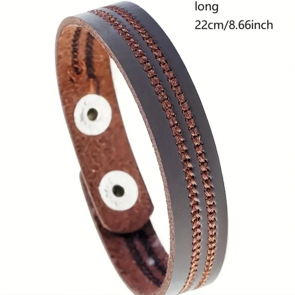 Brown leather double stitched thin bracelet with silver color snap closure